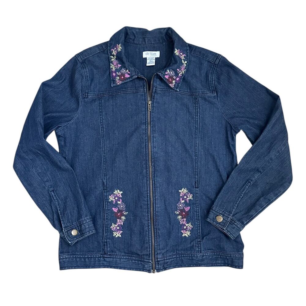 Koret Denim Jacket Women M Embroidered Floral Jean Jacket Zip Front Retro Y2K